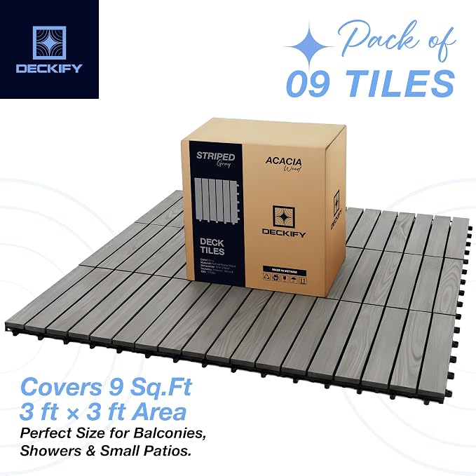 9-Piece Acacia Wood Interlocking Deck Tiles 12x12 in, Gray Striped | 6-Slat Wide Contact, Non-Slip Grip, 490 lb Capacity, Protective Oil-Rubbed Finish, Flat-Surface Install, Patio Ready