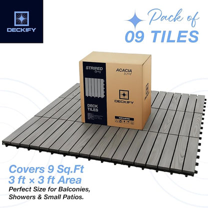 9-Piece Acacia Wood Interlocking Deck Tiles 12x12 in, Gray Striped | 6-Slat Wide Contact, Non-Slip Grip, 490 lb Capacity, Protective Oil-Rubbed Finish, Flat-Surface Install, Patio Ready