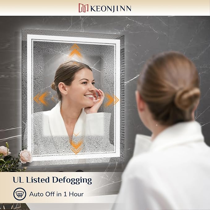 Keonjinn 55 x 36 Inch LED Bathroom Mirror with Lights, Bluetooth Speaker | Frontlit & Backlit Bluetooth Mirror Bathroom, 3000K/4500K/6000K, HD Tempered Glass, Dimmable, Fast & Safe Defogging, CRI90+