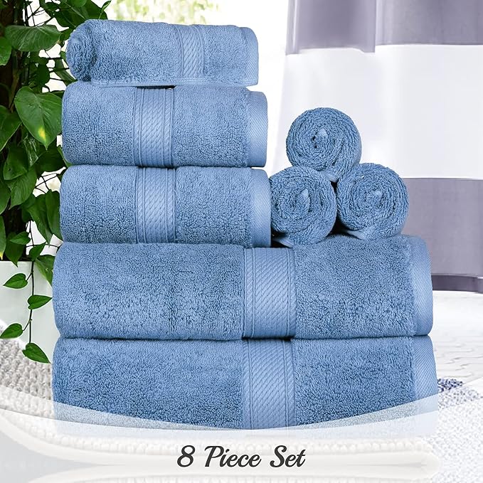 SUPERIOR Egyptian Cotton Ultra Plush & Absorbent, 8 Piece Set, Denim Blue | Quick Dry, Soft Luxury Towel Set, Bath Essentials, Guest Bath, Spa, 2 Bath, 2 Hand, 4 Face Towels, Madeline Towels