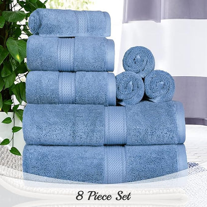 SUPERIOR Egyptian Cotton Ultra Plush & Absorbent, 8 Piece Set, Denim Blue | Quick Dry, Soft Luxury Towel Set, Bath Essentials, Guest Bath, Spa, 2 Bath, 2 Hand, 4 Face Towels, Madeline Towels