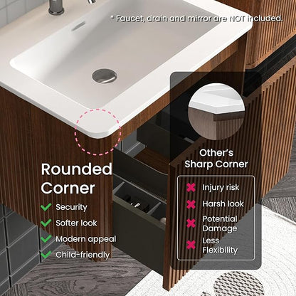 24 Inch Bathroom Vanity with Sink, Modern Floating Vanity with Push Open Drawer, Large Storage for Small Space, Apartment, Hotel, Walnut, Fully Assembled - Camellia Collection