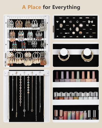 Nicetree Jewelry Cabinet Armoire, Hanging Jewelry Organizers and Storage, Lockable Jewelry Cabinet with Full-Length Mirror, Wall or Door Mount Jewelry Mirror Cabinet, Shelves, Polishing Cloth
