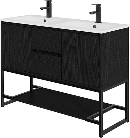 LUCKWIND 48" Modern Bathroom Vanity with Dual White Sink Combo, Freestanding Storage Cabinet with Metal Frame, Matte Black Faucet and Open Shelf and 2 Soft-Closing Door, Black
