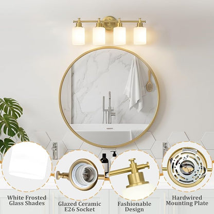 4-Light Brushed Gold Bathroom Vanity Light, Modern Vanity Lights, 23 Inch | 23'' Vanity Light Over Mirror with White Glass Shades, E26 Base Bathroom Wall Light Fixtures for Bathroom Hallway Living Room