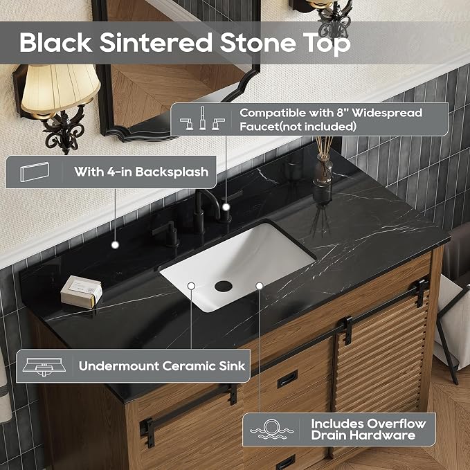 48 Inch Farmhouse Bathroom Vanity with Sink, Walnut | Pre Assembled Freestanding Bathroom Sink Cabinet, Sliding Barn Doors & Soft-Closing Drawers, Single Sink, Adjustable Feet