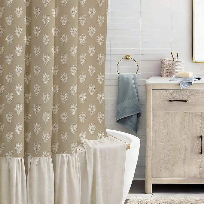 ORTIGIA Linen Textured Ruffle Shower Curtain with Metal Hooks, Brown Vintage Block Print Floral Boho Waterproof Bath Curtain for Rustic Farmhouse Bathroom Decor 72x72 Inch