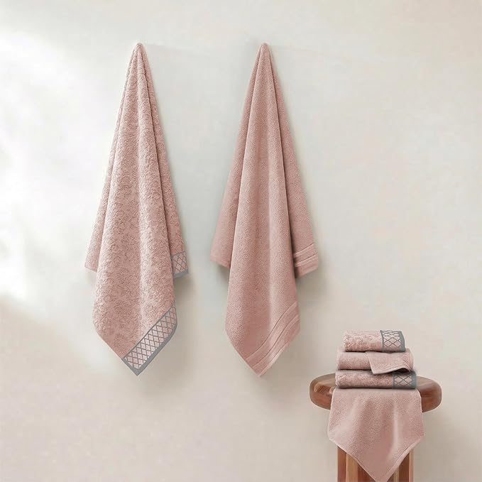 Modern Threads 6 Piece Cotton Bath Towel Set – Ultra Soft 550 GSM Towels – Bathroom Set with Hand Towels and Washcloths – Diamond Border (Blush)