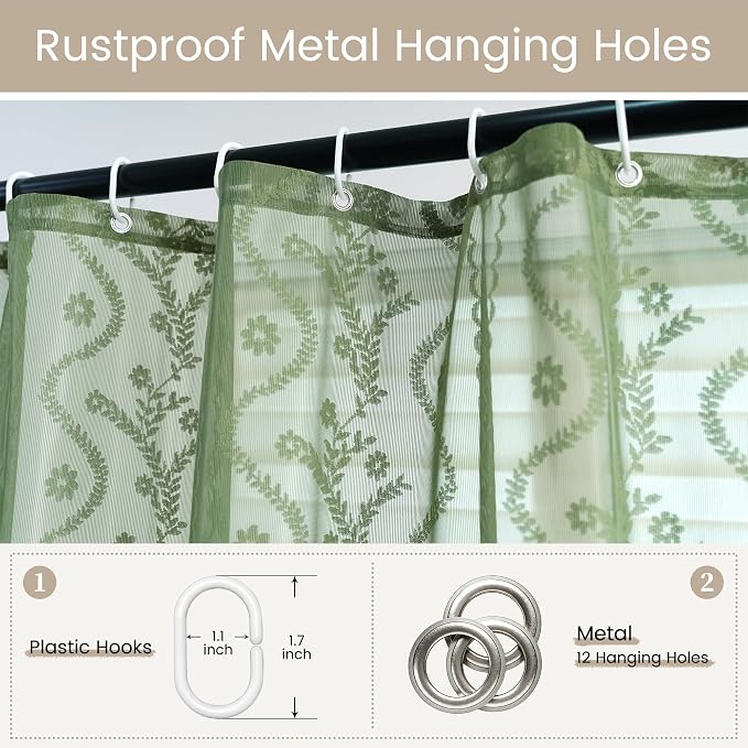 WAZZIO Dark Sage Green Lace Shower Curtain for Bathroom 72" W x 72" L, Victorian Farmhouse Floral Pattern Tassel Fancy Shower Curtain Boho Washable Cloth Decorative Bath Curtains,1 Panel