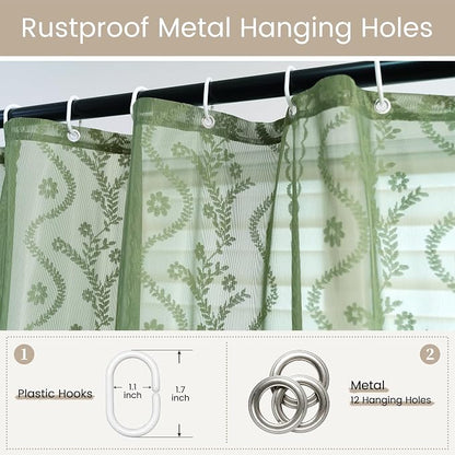 WAZZIO Dark Sage Green Lace Shower Curtain for Bathroom 72" W x 72" L, Victorian Farmhouse Floral Pattern Tassel Fancy Shower Curtain Boho Washable Cloth Decorative Bath Curtains,1 Panel