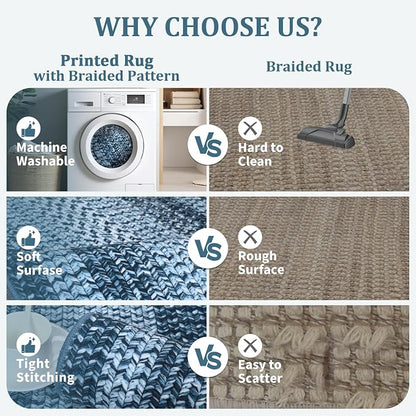 Printed Washable Area Rugs 10x13 Rug Modern Rugs for Bedroom Blue Rug Imitation Braided Soft Large Area Rug Non Slip Throw Rugs Stain Resistant Carpet for Nursery Dining Room 10'x13' Navy Blue