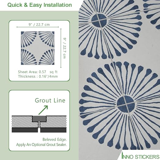 16-Sheet Peel and Stick Floor and Wall Tile, 9" x 9" Blue Stone Composite Self Adhesive Vinyl Flooring, Patterned Flower Groutable Backsplash Tile for Kitchen Bathroom Shower