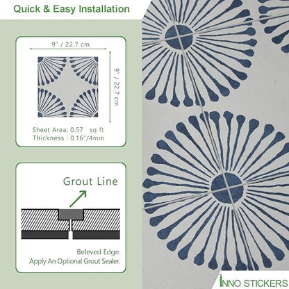 16-Sheet Peel and Stick Floor and Wall Tile, 9" x 9" Blue Stone Composite Self Adhesive Vinyl Flooring, Patterned Flower Groutable Backsplash Tile for Kitchen Bathroom Shower