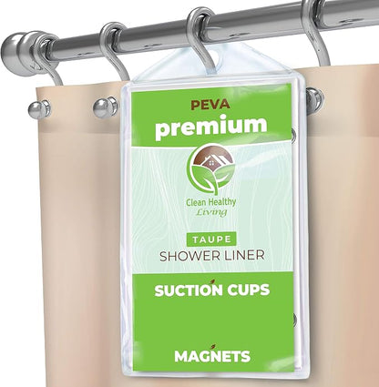Clean Healthy Living PEVA Shower Curtain Liner, Taupe, 70 x 71 in, Premium | Premium PEVA shower liner, Tan, 70 x 71 in; magnets and suction cups help reduce shifting along the tub or shower.