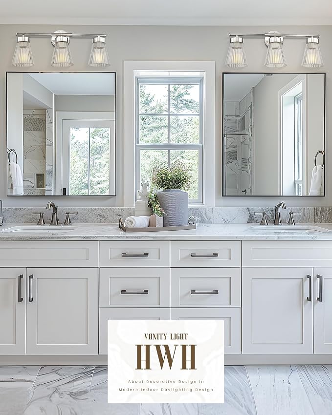 HWH INVESTMENT 3-Light Bathroom Vanity Light, Brushed Nickel, 5HZG97B-3W BN | 24.1-Inch Hardwired Wall Light with Clear Striped Glass; 3 E26 Bulbs, Max 60W Each; Bulbs Not Included