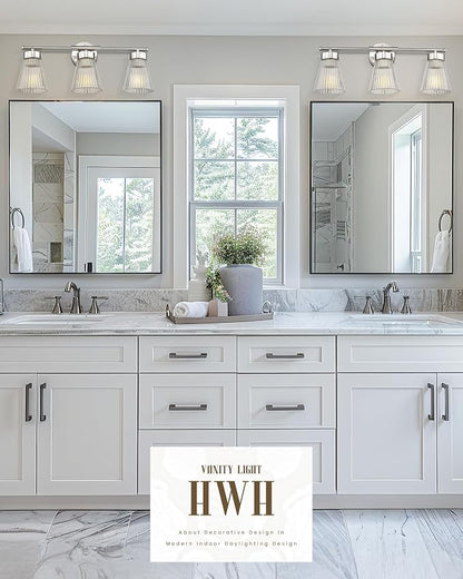 HWH INVESTMENT 3-Light Bathroom Vanity Light, Brushed Nickel, 5HZG97B-3W BN | 24.1-Inch Hardwired Wall Light with Clear Striped Glass; 3 E26 Bulbs, Max 60W Each; Bulbs Not Included