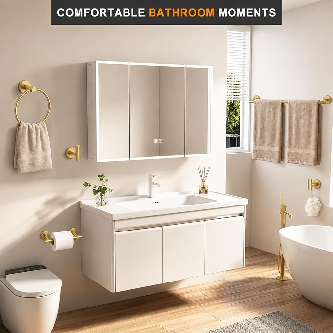 5 Piece Brushed Gold Bathroom Hardware Accessories Set, 24" Towel Bar Set | Bathroom Towel Rack Set with Wall Mounted SUS304 Stainless Steel , Double Post Toilet Paper Holder, Towel Ring & Robe Hooks