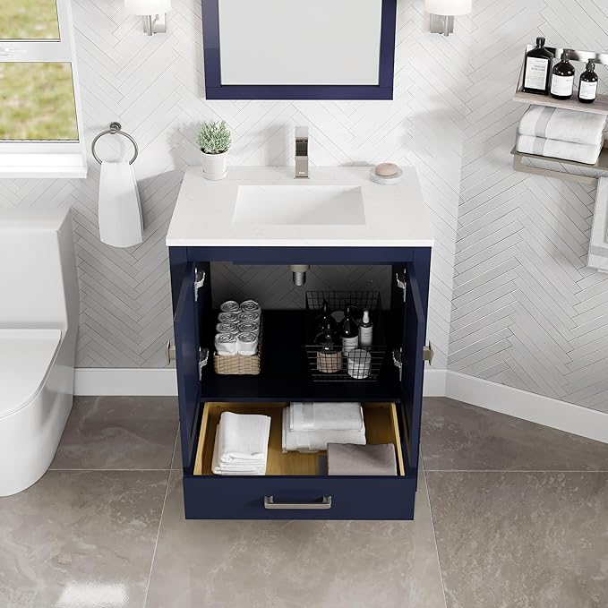 Eviva London 30 in. Blue Single Sink Bath Vanity with Carrara Quartz Top and Undermount Porcelain Sink