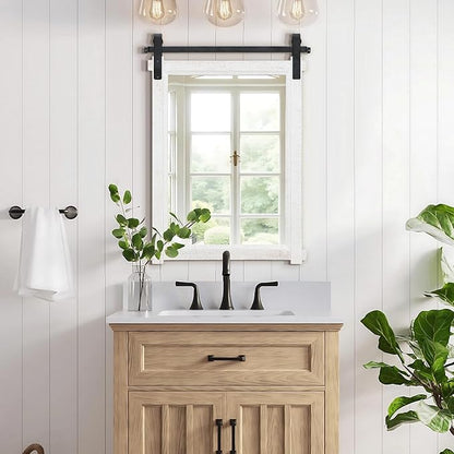 Besdomus Farmhouse Bathroom Wall Mirror: 22"x30" White Barn Door Solid Cedar Wood Frame Vanity Mirror - Rustic Home Decor for Bathroom/Living Room/Hallway - Modern Farmhouse Decor for Housewife