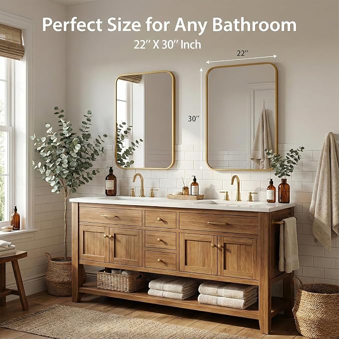 2-Pack 22x30 Inch Antique Gold Rounded Rectangle Bathroom Vanity Mirrors | Double Vanity or Two Bathrooms, Pair or Separate Use, Iron Frame, Layered Shadow Box Look, Two-Way Mount