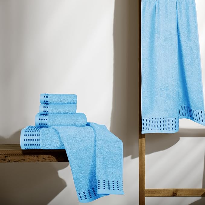 Ultra Soft 6 Pack Cotton Towel Set, Contains 2 Bath Towels 28x55 inch, 2 Hand Towels 16x24 inch & 2 Wash Cloths 12x12 inch, Ideal Everyday use, Compact & Lightweight - Sky Blue