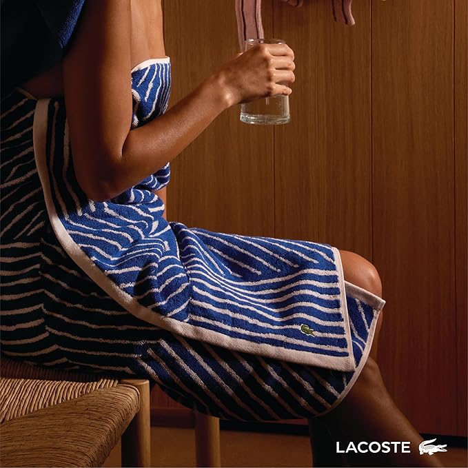 Lacoste Guethary Striped Towel – 100% Cotton, Reversible Modern Geometric Design, Soft & Absorbent, Durable & Lightweight, Machine Washable – Denim, 30"x54" Bath Towel
