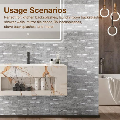 Peel and Stick Backsplash Tile Waterproof Removable PVC Wall Sticker 3D Faux Stone Marble Brick White Accent Panels (Matte Gray Stone - Metal Silver, 40 Tiles - 18 sq. ft. (1.68 m²))