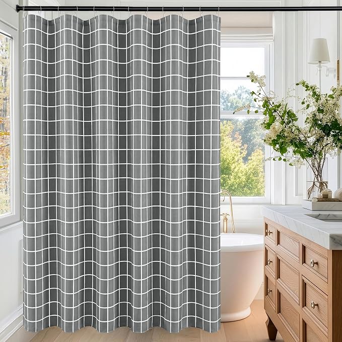Fabric Farmhouse Shower Curtain-Modern Bathroom Shower Curtains Dark Grey | 70"Wx72"L Faux Linen Grid Minimalist Simple Rustic Neutral Guest Bathroom Decor-Cloth Geometric Plaid Washable Hotel Quality