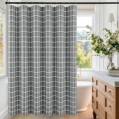 Fabric Farmhouse Shower Curtain-Modern Bathroom Shower Curtains Dark Grey | 70"Wx72"L Faux Linen Grid Minimalist Simple Rustic Neutral Guest Bathroom Decor-Cloth Geometric Plaid Washable Hotel Quality