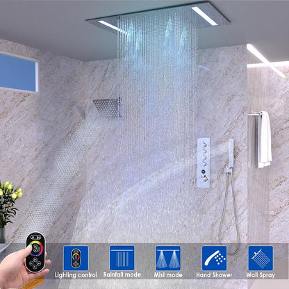 Luxury 20x14in LED Rainfall Mist Dual Shower System Can Run Togther | 4-way Thermostatic Digital Display Brass Valve, Ceiling Flush Mount Showerhead and 6in Tilt Shower, Brass Handheld, Chrome