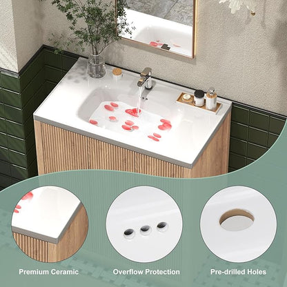 32 Inch Bathroom Vanity with Sink, Bathroom Vanity Cabinet with Single Sink, Bath Vanities with 2 Doors and 2 Drawers, Light Oak (19" D x 32" W x 36" H)