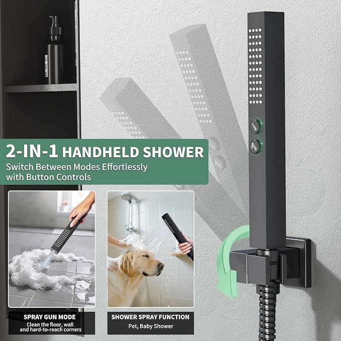 SunCleanse 3-Way Matte Black Shower System w/Handheld for Couple | 10" rain head, 6" wall spray, handheld wand, push-button diverter, anti-scald valve, easy-clean nozzles