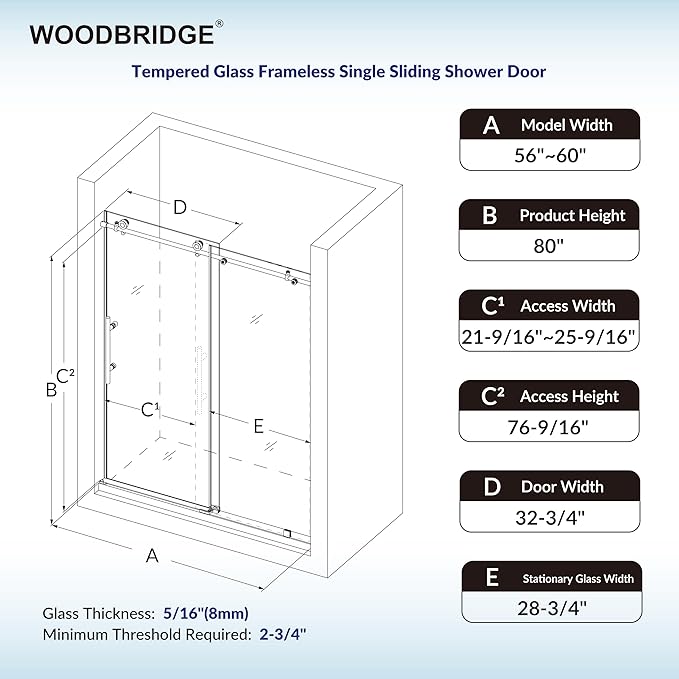 Woodbridge 56-60" W x 80" H Frameless Single Sliding Shower Door with Tempered Glass & Explosion Proof Film in Brushed Nickel Finish