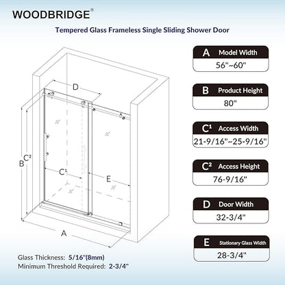 Woodbridge 56-60" W x 80" H Frameless Single Sliding Shower Door with Tempered Glass & Explosion Proof Film in Brushed Nickel Finish