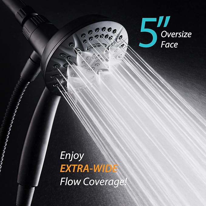 AquaDance New Magnetic Docking 8-setting High Pressure Handheld Shower Head | Space-age Magnetic Guidance Bracket System, Giant 5-inch Face, Extra-long 72-inch Stainless Steel Hose - Black