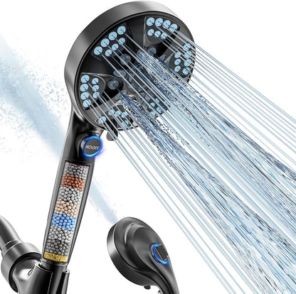 9 Settings Filtered Shower head with Handheld with Power Wash | Hard Water Softener,Remove Chlorine Power Wash for Tub&Tile,ON/OFF Button,6ft Hose&Bracket,Filtered Shower Head, Matte Black