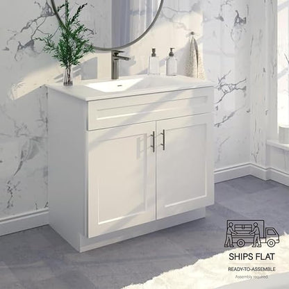 36" White Shaker Bathroom Vanity Base – Ready-to-Assemble Sink Cabinet, Freestanding Bathroom Vanity Base Only, No Top or Sink