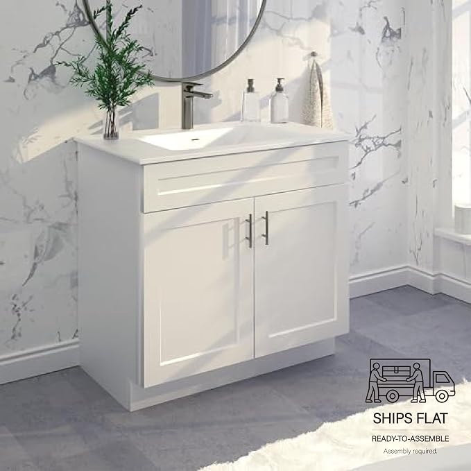 36" White Shaker Bathroom Vanity Base, Soft-Close Double-Door Ready-to-Assemble Sink Cabinet, 36" W x 21" D x 34.5" H, Base Only