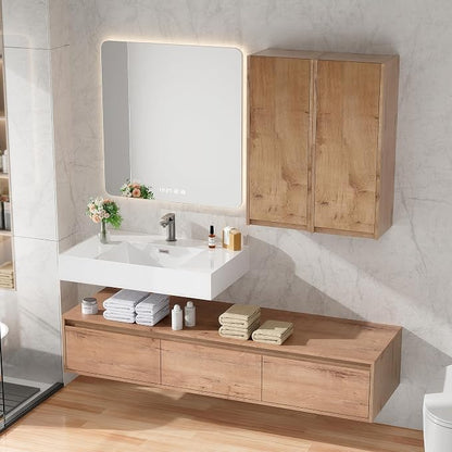 60 Inch Floating Bathroom Vanity with Single Sink, Modern Wall-Mounted Bathroom Cabinet with Resin Sink & Soft Close Drawers & Side Cabinet, Split-level Layout (Nature Oak, 60"+2 side cabinets)