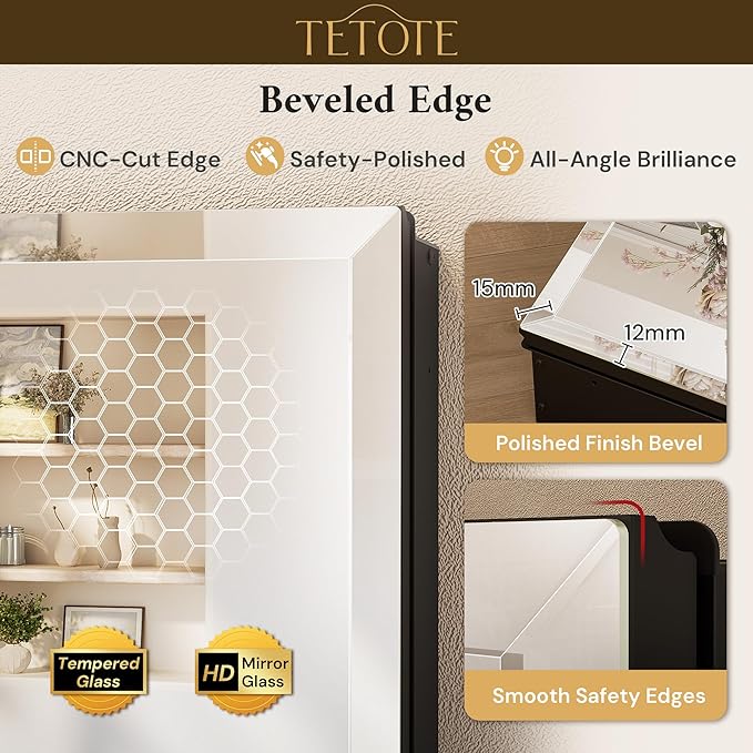 TETOTE 36 x 24 Bathroom Vanity Mirror Cabinet with Tempered Beveled Mirror Black Medicine Cabinet Aluminum Cabinet DTC Hinges, Stepless Adjustable Shelves, Recessed/Surface-Mounted