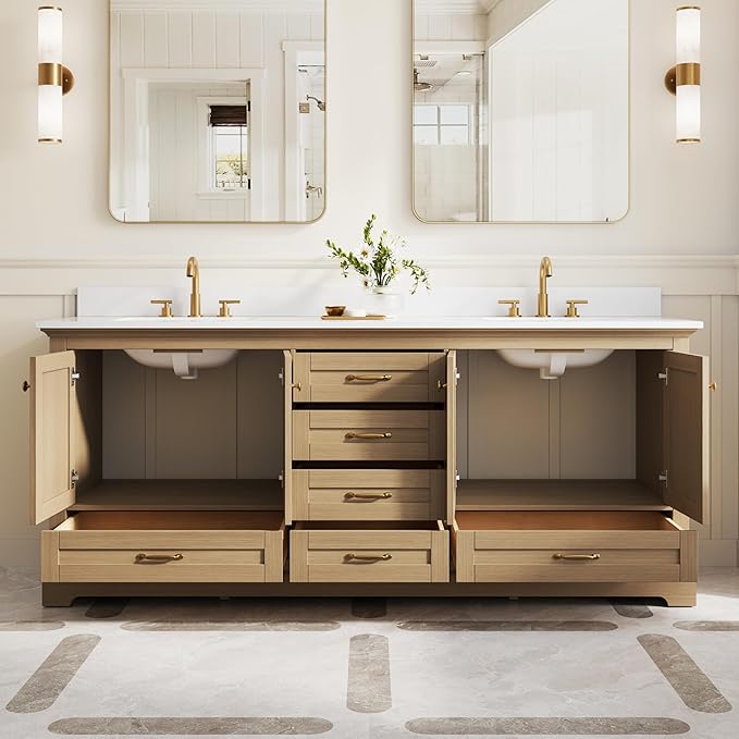 WELLFOR 80" Bathroom Vanity with Double Sinks, Bathroom Freestanding Vanity W/4 Soft-Close Doors and 6 Drawers, Large Storage Space Vanity, Cultured Marble Countertop (Oak)