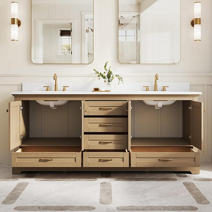 WELLFOR 80" Bathroom Vanity with Double Sinks, Bathroom Freestanding Vanity W/4 Soft-Close Doors and 6 Drawers, Large Storage Space Vanity, Cultured Marble Countertop (Oak)