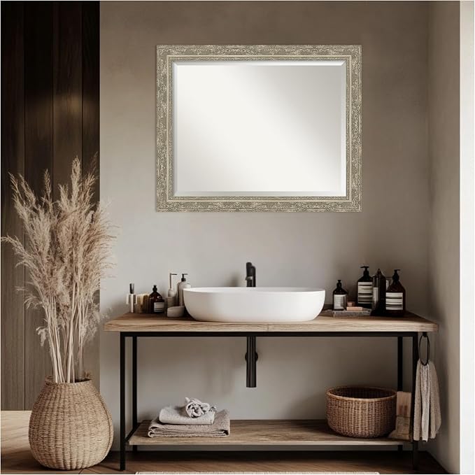 Amanti Art Silver Bathroom Mirror for Over Sink, 26x32 Filigree Silver Rectangle Vanity Mirror, Large Traditional Frame, Hangs Horizonally and Vertically, Bathroom Wall Decor, Beveled Edge