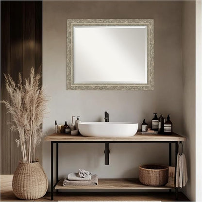 Amanti Art Silver Bathroom Mirror for Over Sink, 26x32 Filigree Silver Rectangle Vanity Mirror, Large Traditional Frame, Hangs Horizonally and Vertically, Bathroom Wall Decor, Beveled Edge