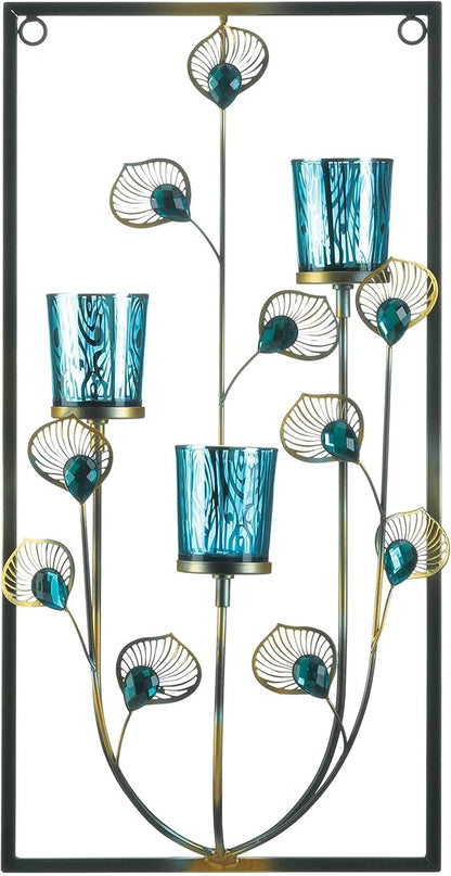 Zingz & Thingz Exotic Peacock Plume Collection Tealight & Candle Lighting, 9.5x4x18.75, Framed Wall Sconce Trio
