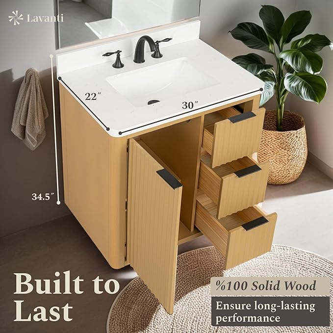 Lavanti Wooderna 30 Inch Bathroom Vanity with Sink – Stylish Firwood Oak Vanity Bathroom with Storage Cabinet – Modern Bathroom Vanities with Single Vanity Sink & Quartz Countertop
