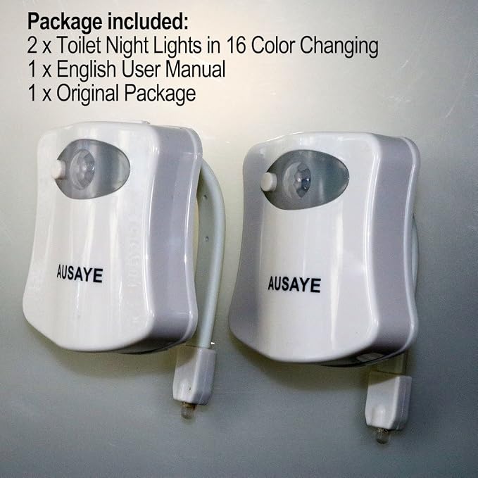 AUSAYE 2Pack Toilet Night Light, 16 Color Changing Motion Sensor Toilet Light Lamp,Fun Bathroom Toilet Bowl Nightlight,LED Stocking Stuffers for Kids Him Her Men Mom Father