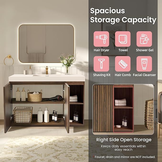 48" Bathroom Vanity with Sink, Freestanding Single Sink Bathroom Vanity with White Engineered Stone Top & Open Side Storage, Soft-Closing Doors with Adjustable Shelf, Walnut