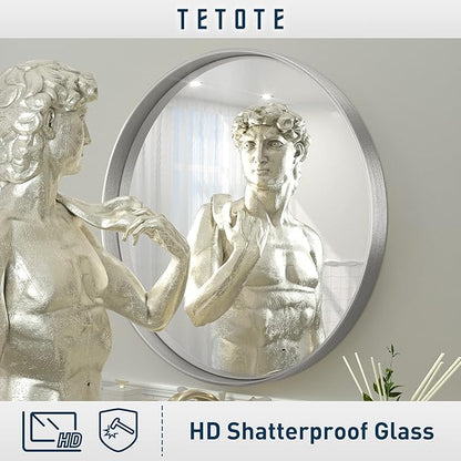 TETOTE Silver Round Mirror for Bathroom, 30 Inch Modern Circle Mirrors, Wall Mounted Brushed Silver Metal Framed Entryway Decorative Farmhouse Vanity Mirror