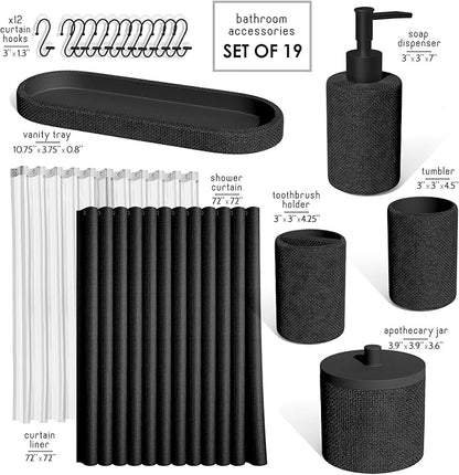 Clara Clark Bathroom Set - Black Bathroom Accessories Set, 19PC Bathroom Accessory Set, Bathroom Sets with Shower Curtain Set, Soap Dispenser & Toothbrush Holder